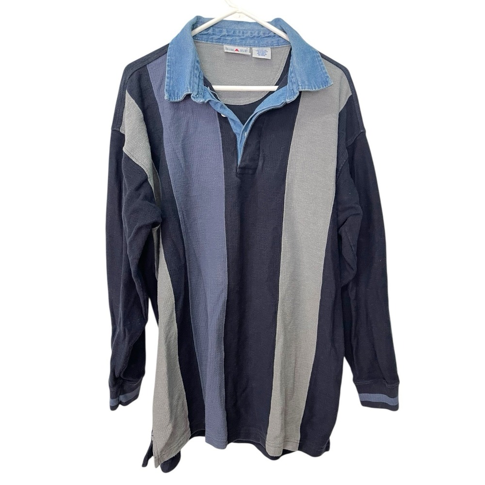 Vintage‎ Grade A Jeans XLT Blue Color Block Polo Denim Collar Long Sleeve Shirt